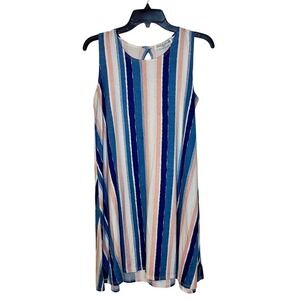 Jamie & Layla Petite Blue Pink Trapeze Dress Medium Midi Keyhole Striped Casual